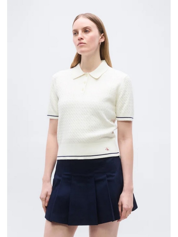 Calvin Klein Jeans-JERSEYS Y CARDIGANS CHICA-SS WOVEN LABEL CROPPED CABLE SWE-LV047F320G-WHITE