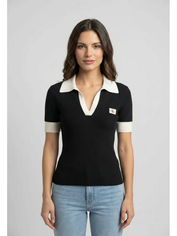 Calvin Klein Jeans-JERSEYS Y CARDIGANS CHICA-WOVEN LABEL SS POLO-LV047G308G-BLACK